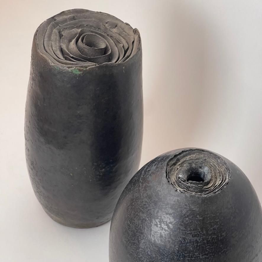 Late 20th Century Pair Of Italian Sculptural Black Stoneware Vases By L. Leandri photo for sale