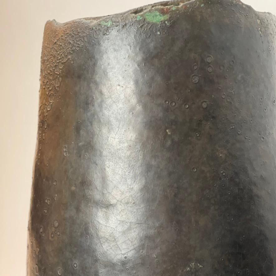 photo for sale Late 20th Century Pair Of Italian Sculptural Black Stoneware Vases By L. Leandri