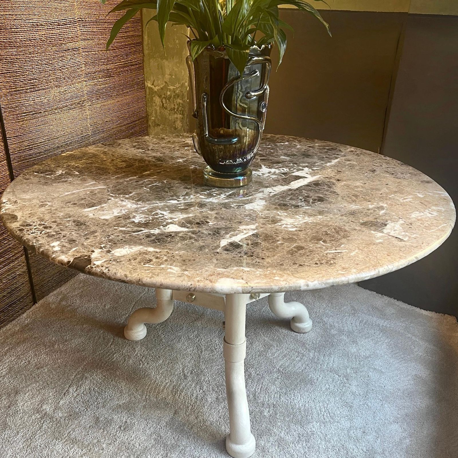 photo buy Marzio Cecchi Chestnut Emperor Marble & White Iron W/ Brass Details Round Table