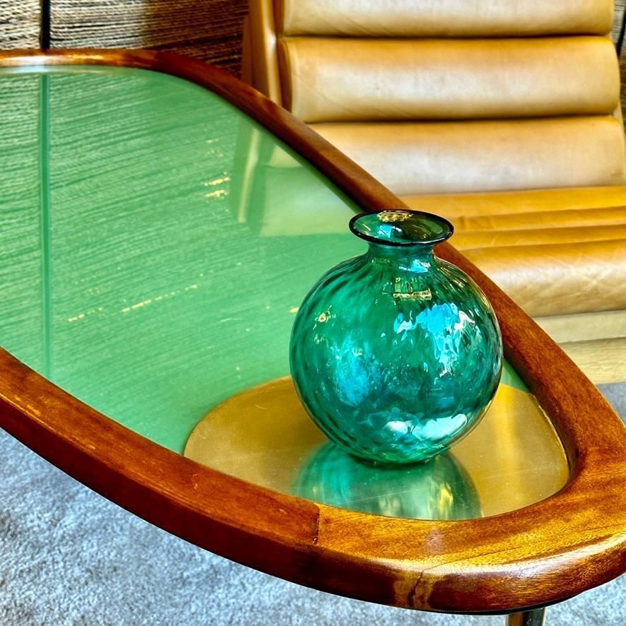 photo furniture Late 20th Century Wood, Brass & Green Opaline Glass Amorphous Shape Coffee Table