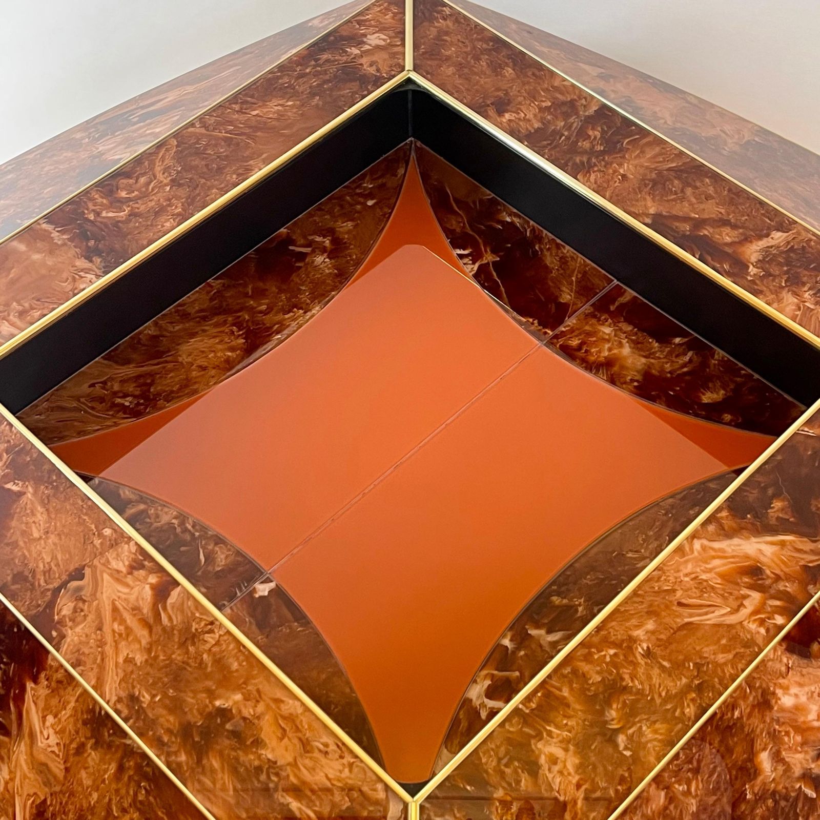 Late 20th Century Brown & Orange Murano Glass W/ Brass Finishings Cocktail Table photo Furniture