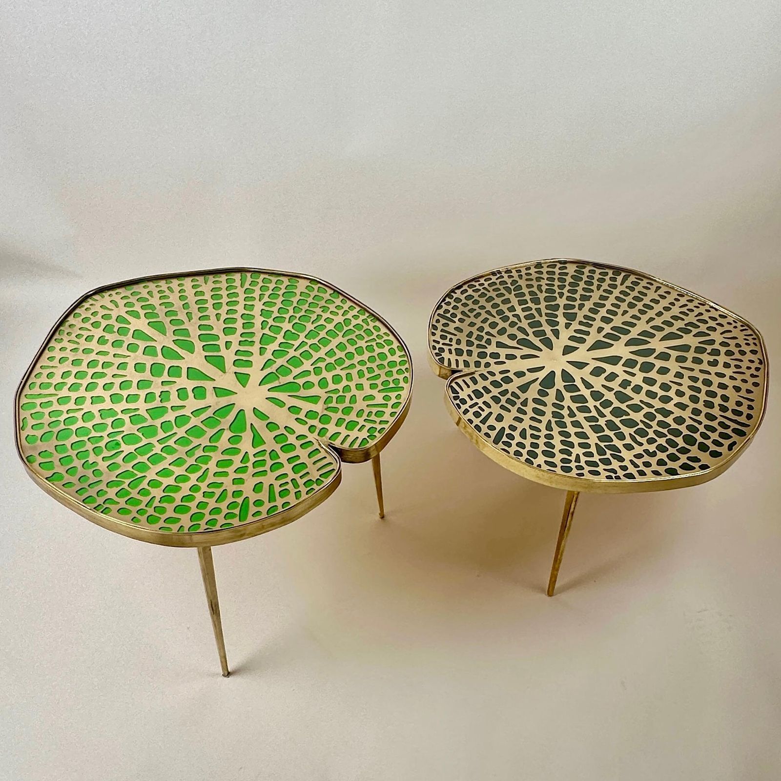 Late 20th Century Pair Of Brass & Transparent Glass Water Lilies Side Tables photo furniture