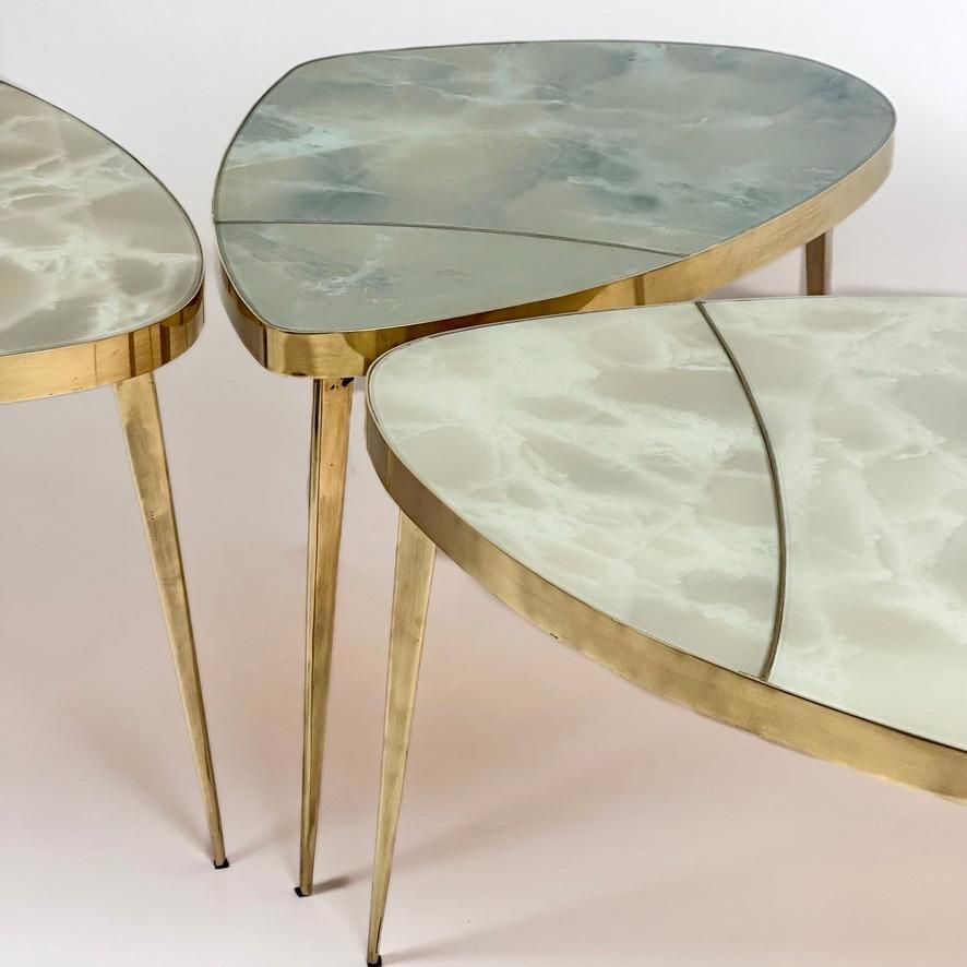 Mid Century Modern Brass & Green Murano Art Glass Set Of Three Coffee Tables photo Furniture