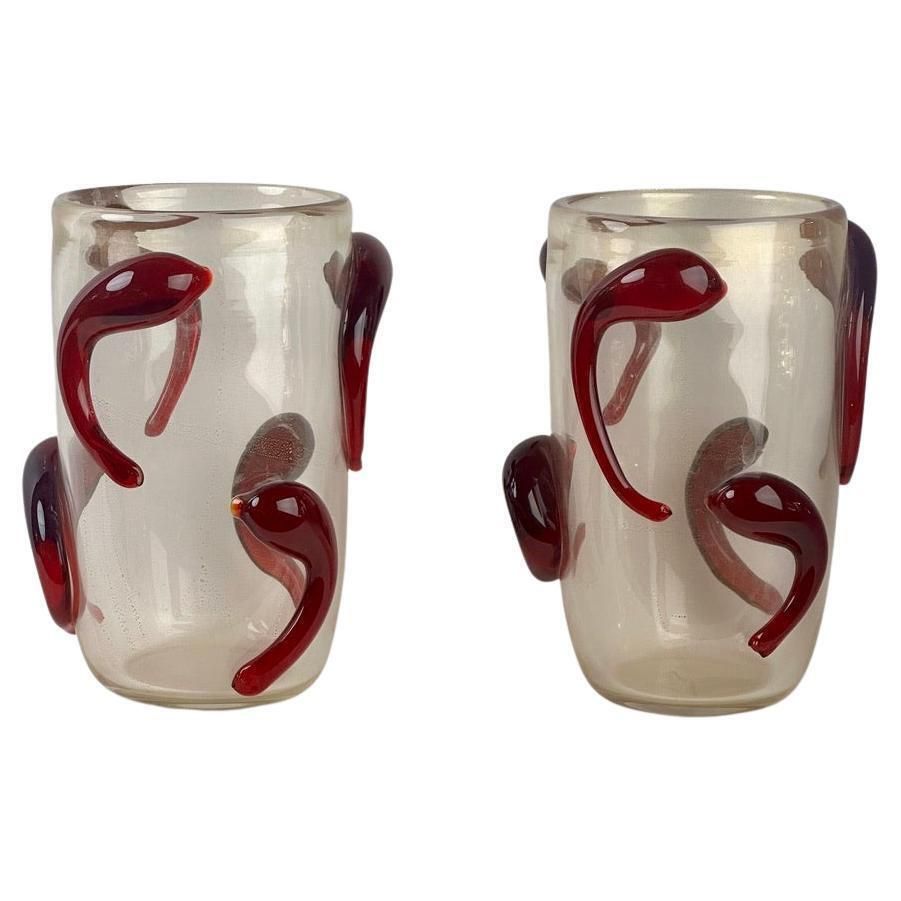 Late 20th Century Pair Of Transparent Murano Art Glass W/ Red Applications Vases