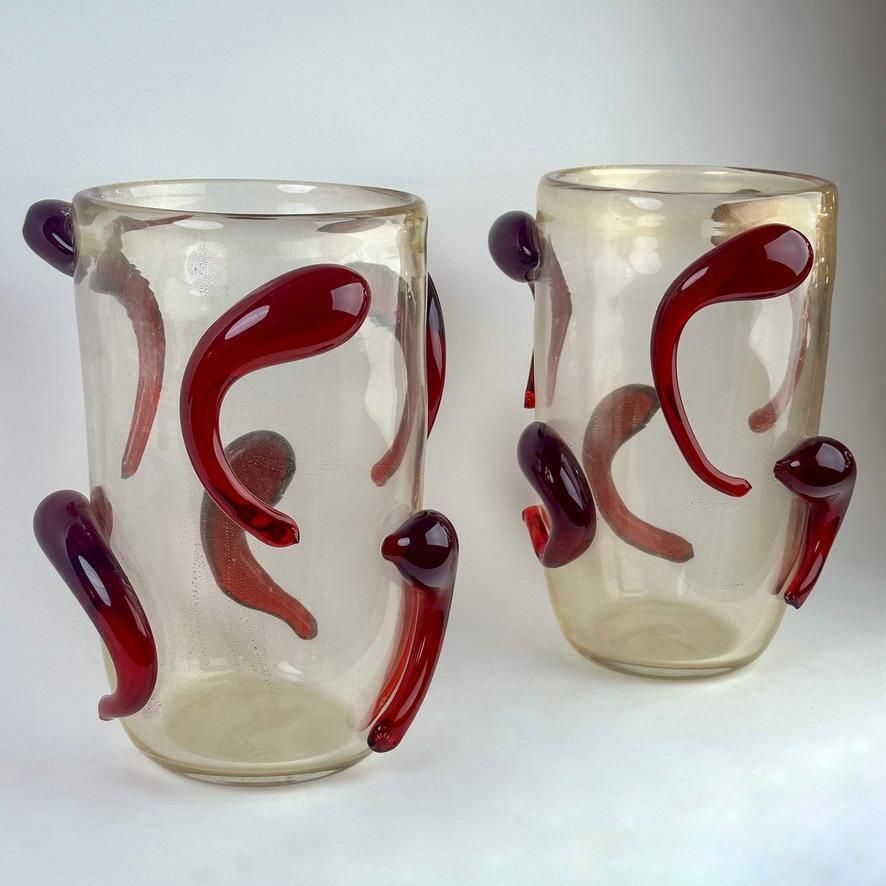 Late 20th Century Pair Of Transparent Murano Art Glass W/ Red Applications Vases photo furniture