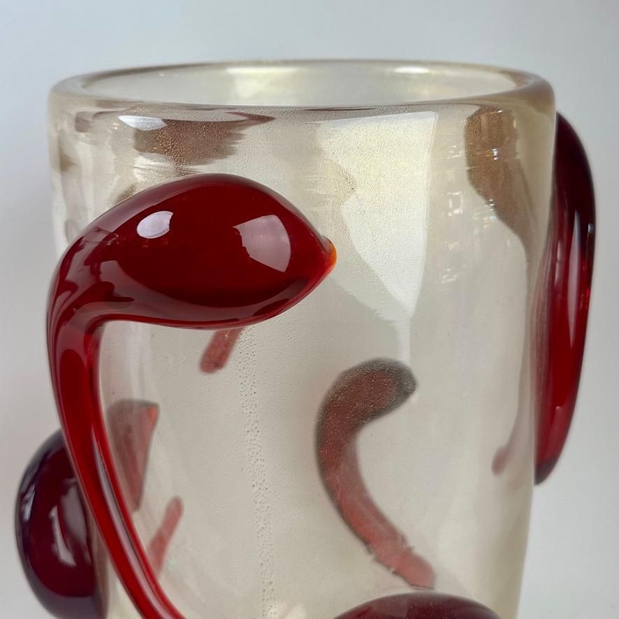 Late 20th Century Pair Of Transparent Murano Art Glass W/ Red Applications Vases photo Home Decor