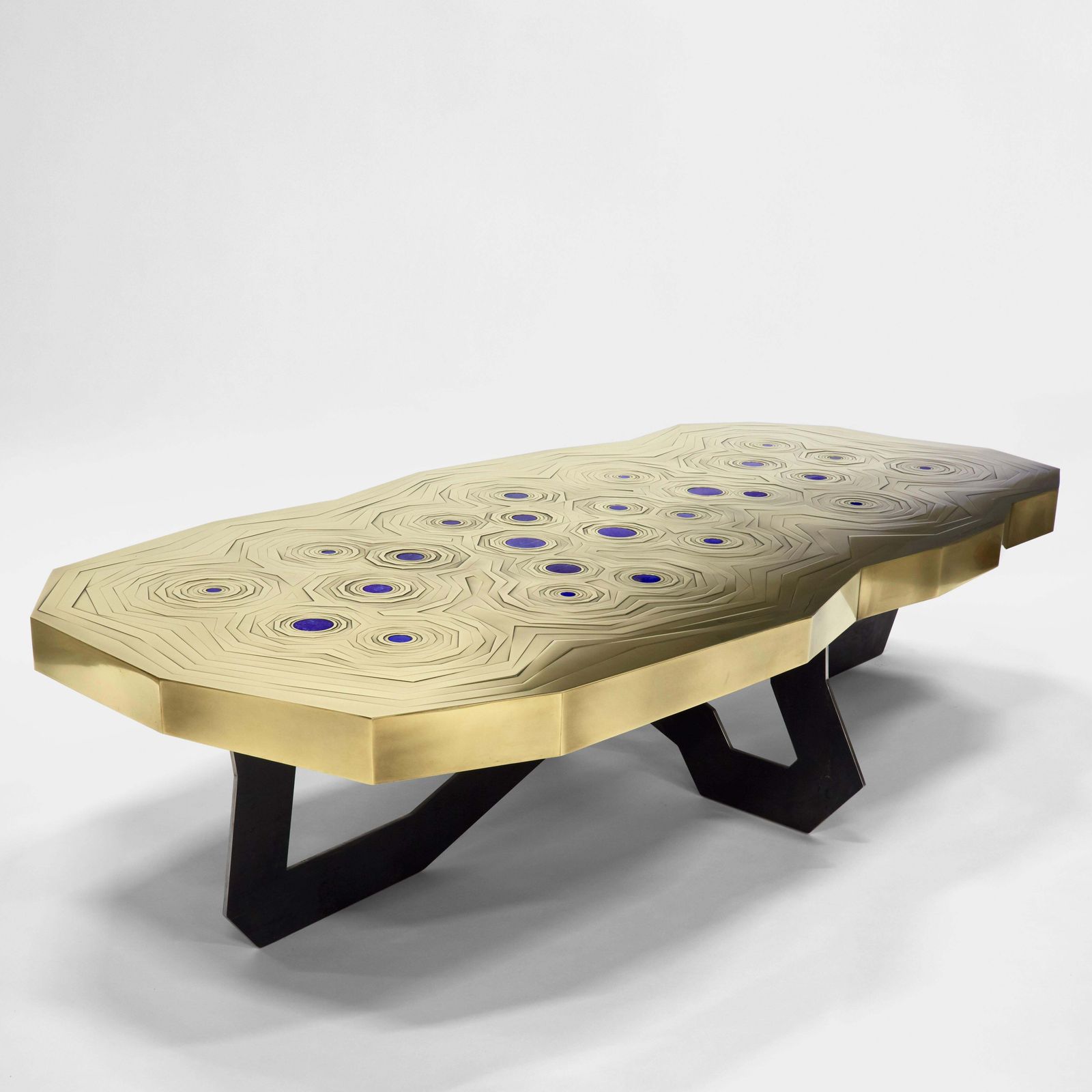Brass Mosaic W/ Lapis Lazuli & Black Steel "Echo" Coffee Table By Erwan Boulloud photo furniture