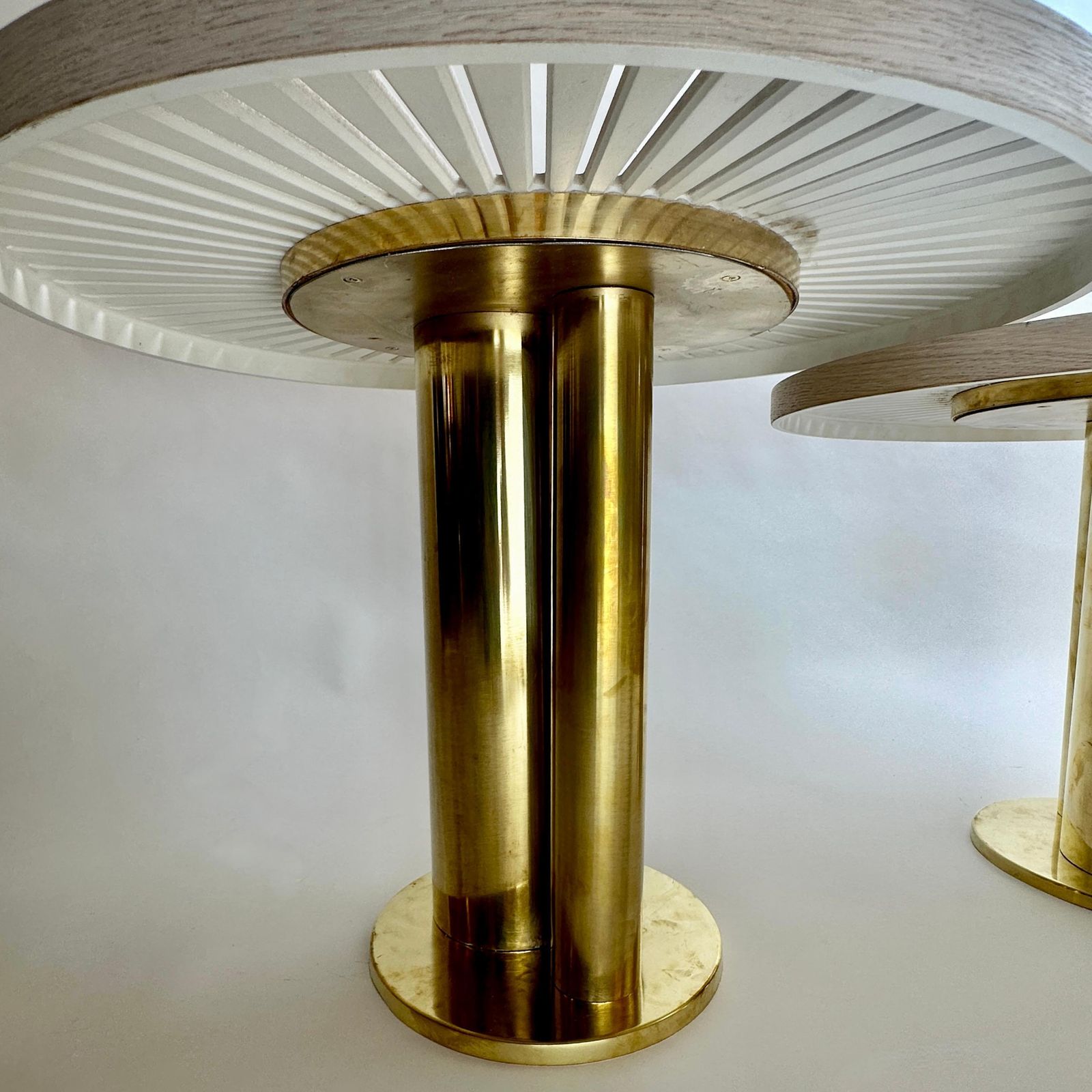 Late 20th Century Pair Of Round Ash Wood W/ Opaline Glass & Brass Coffee Tables photo 6295.0