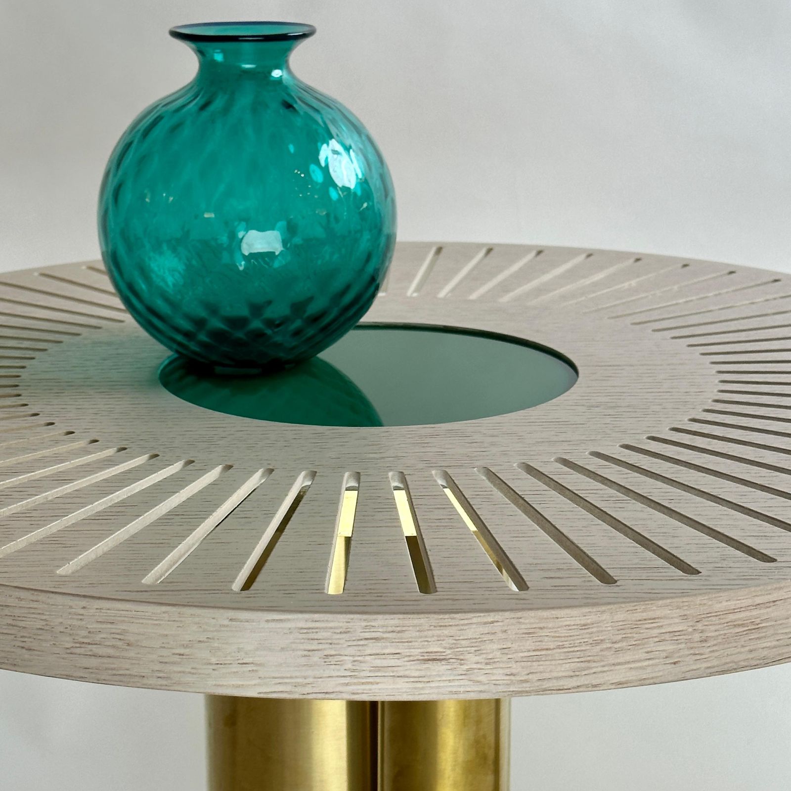 photo for sale Late 20th Century Pair Of Round Ash Wood W/ Opaline Glass & Brass Coffee Tables