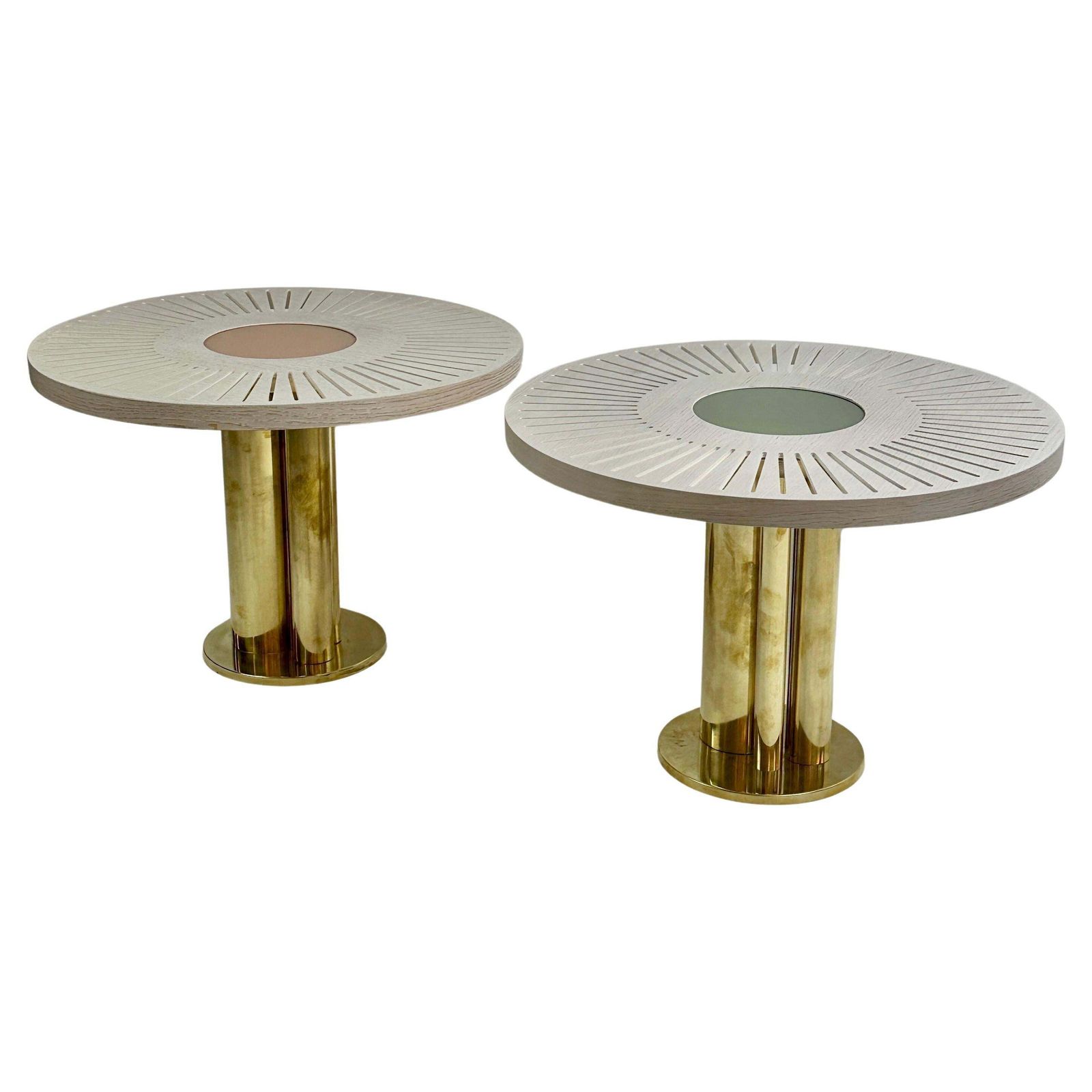 Late 20th Century Pair Of Round Ash Wood W/ Opaline Glass & Brass Side Tables