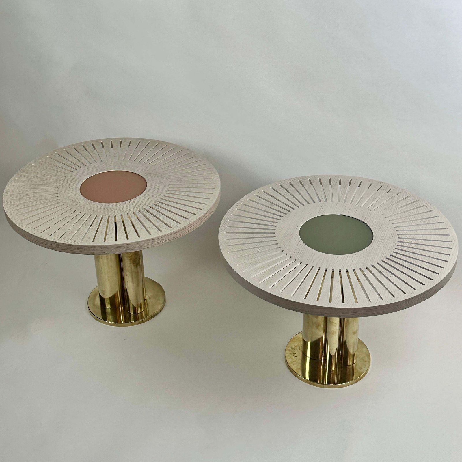 Late 20th Century Pair Of Round Ash Wood W/ Opaline Glass & Brass Side Tables photo furniture