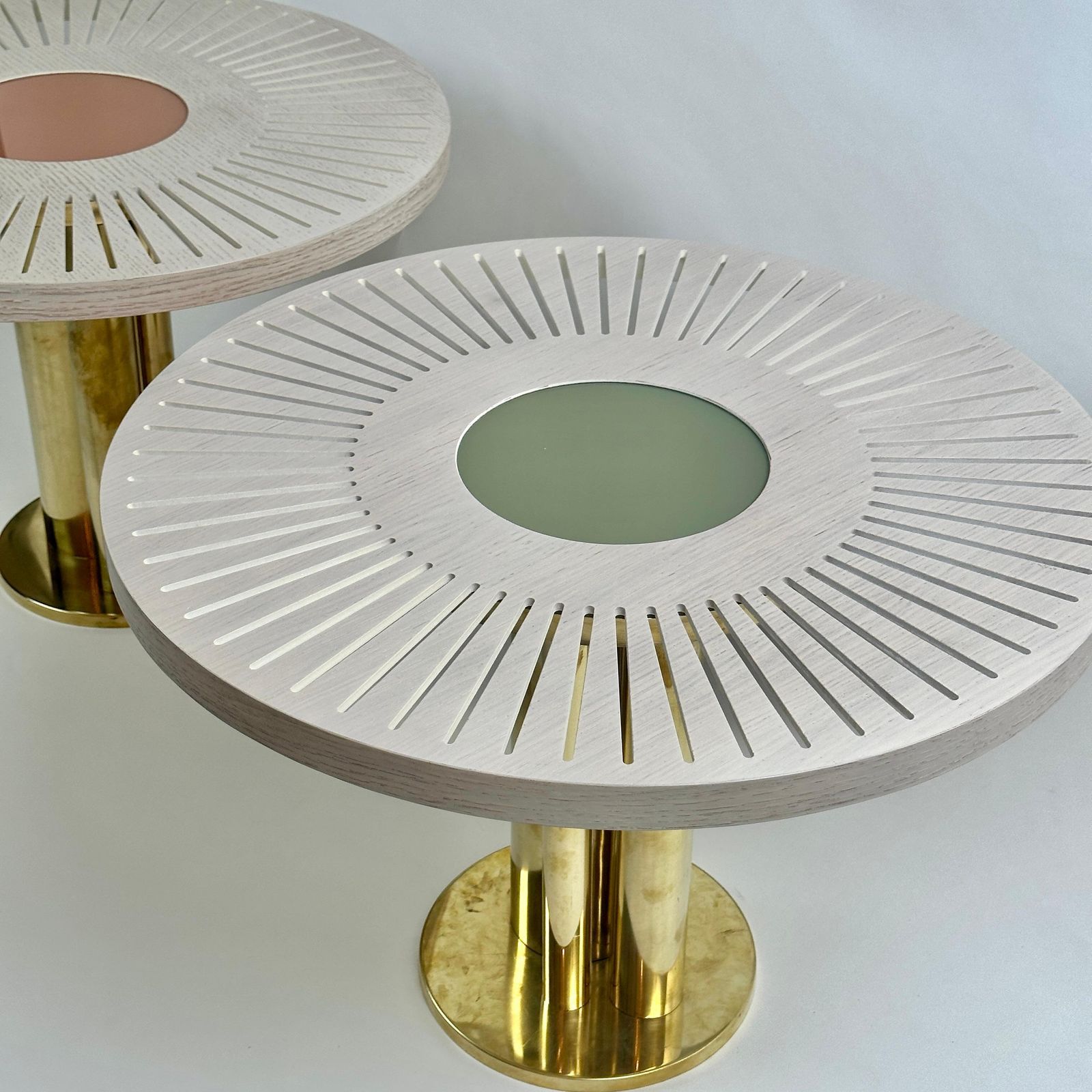 Late 20th Century Pair Of Round Ash Wood W/ Opaline Glass & Brass Side Tables photo vinterior