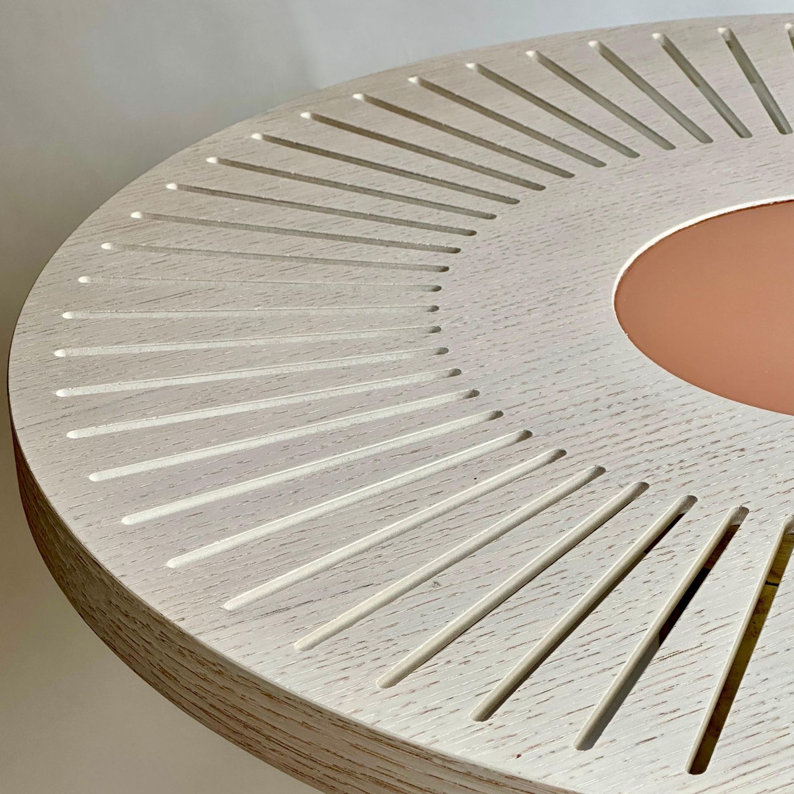 photo for sale Late 20th Century Pair Of Round Ash Wood W/ Opaline Glass & Brass Side Tables