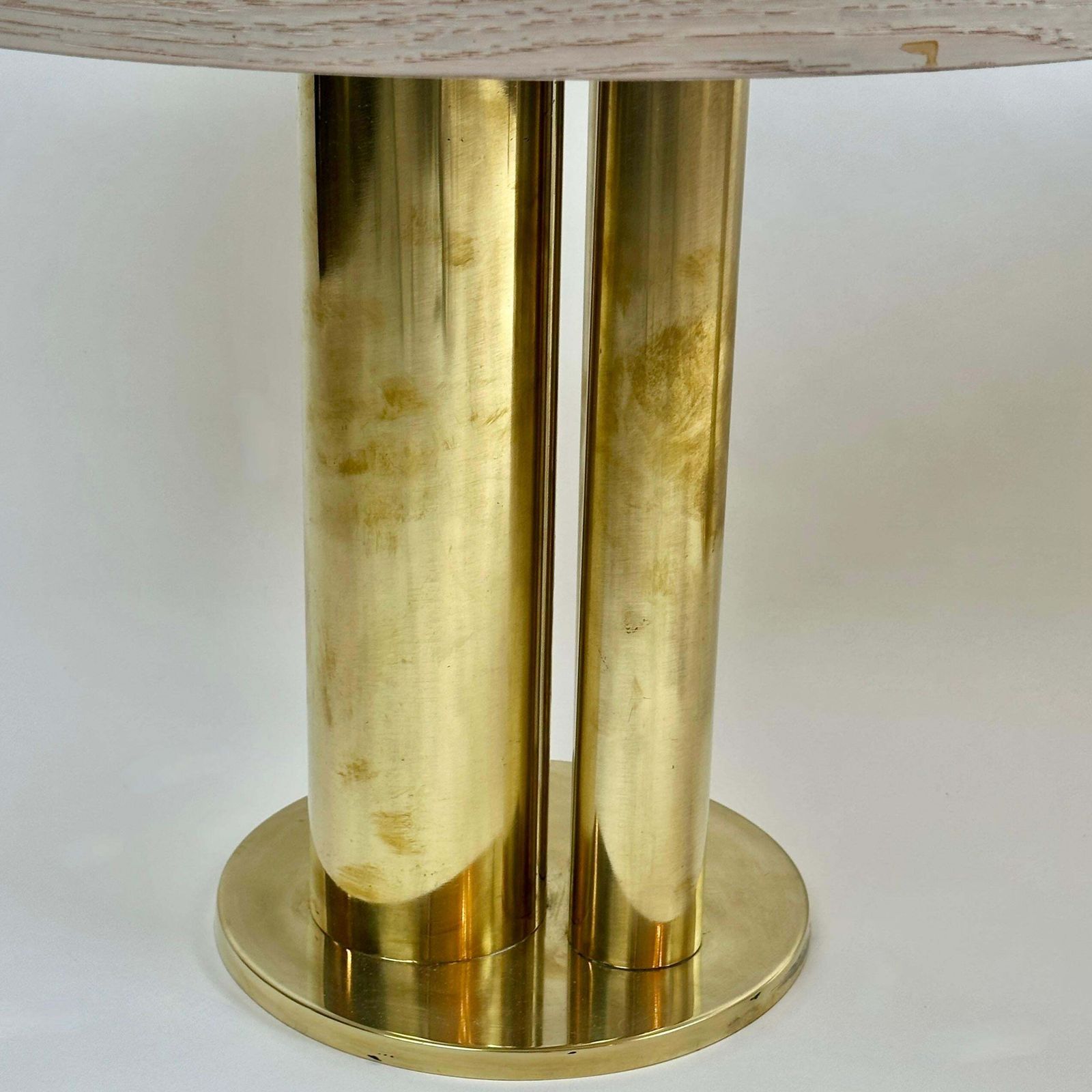 6295.0 Late 20th Century Pair Of Round Ash Wood W/ Opaline Glass & Brass Side Tables photo