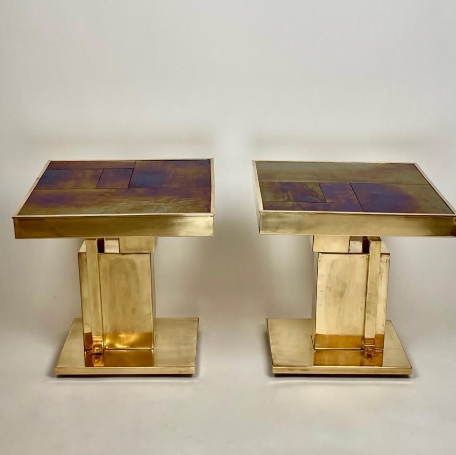 photo furniture Late 20th Century Pair Of Squared Blue Murano Art Glass & Brass Side Tables