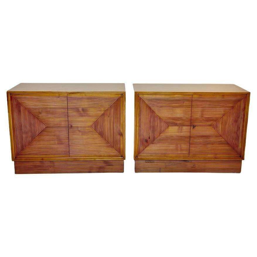 Mid Century Modern Pair Of Italian Cherry Veneer Cabinets W/ Breadsticks Doors