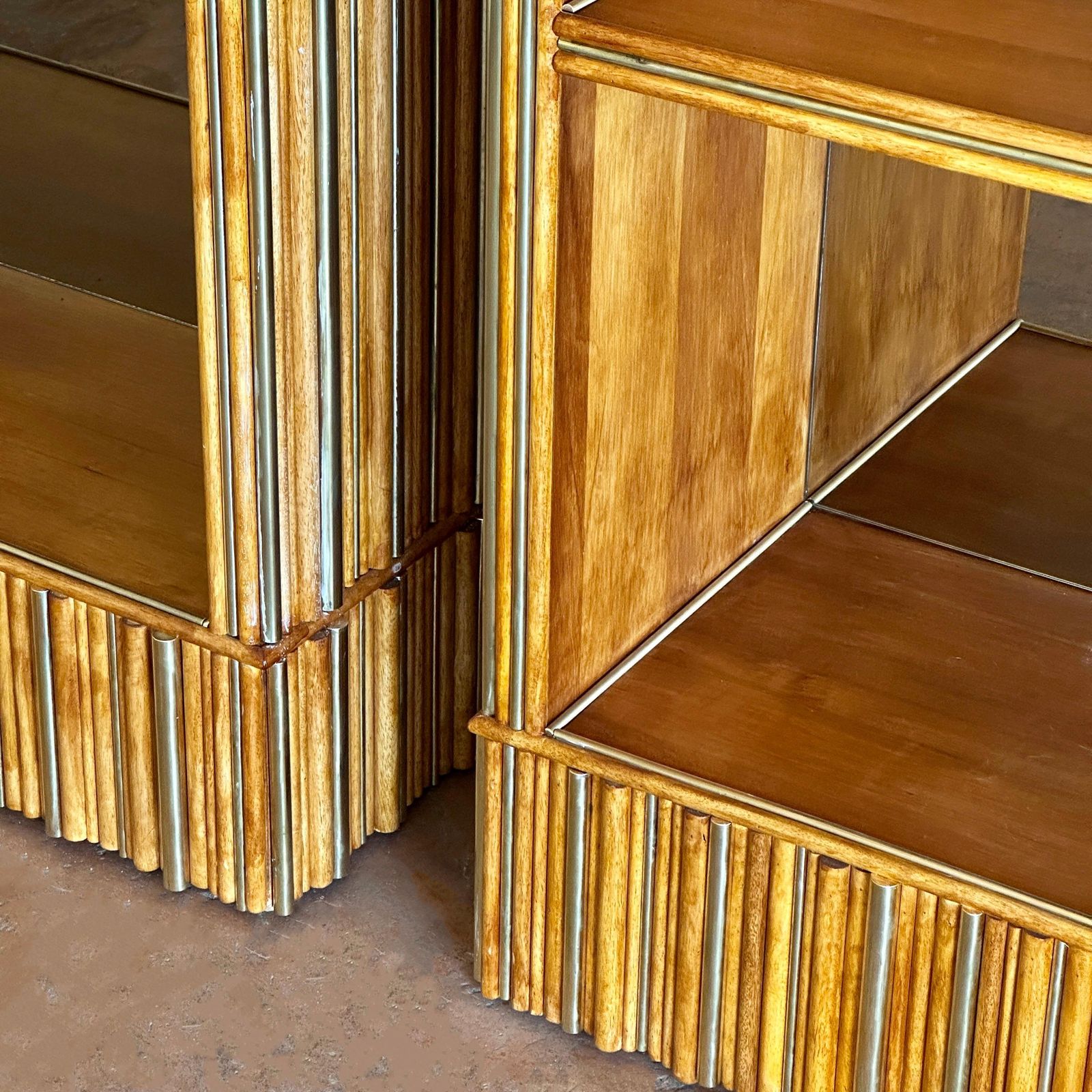 Late 20th Century Pair Of Wood & Brass Breadsticks Bookcases W/Bronzed Mirrors photo for sale