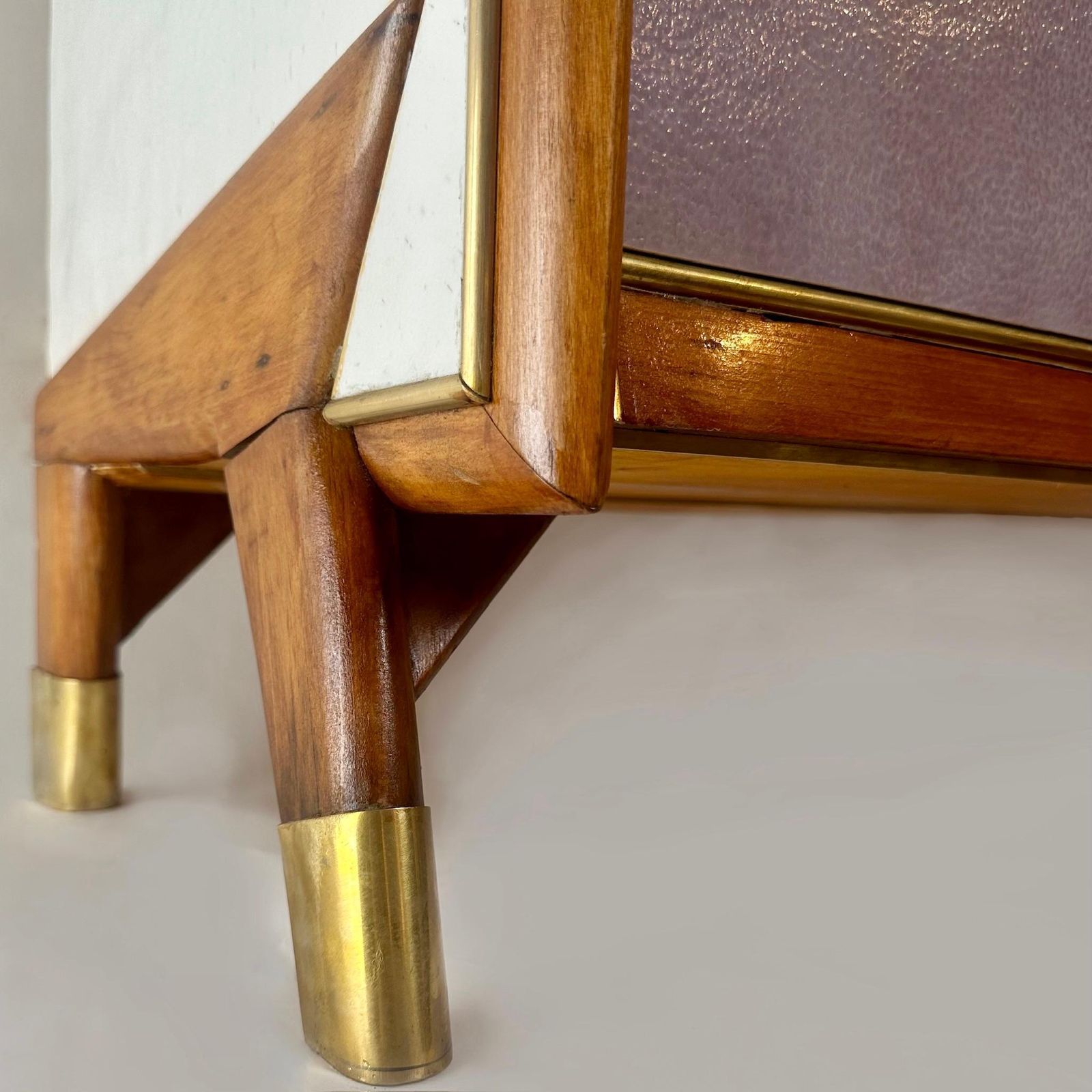 Furniture Mid Century Modern Beech Wood, Brass, Mirror & Murano Art Glass Dry Bar Cabinet photo