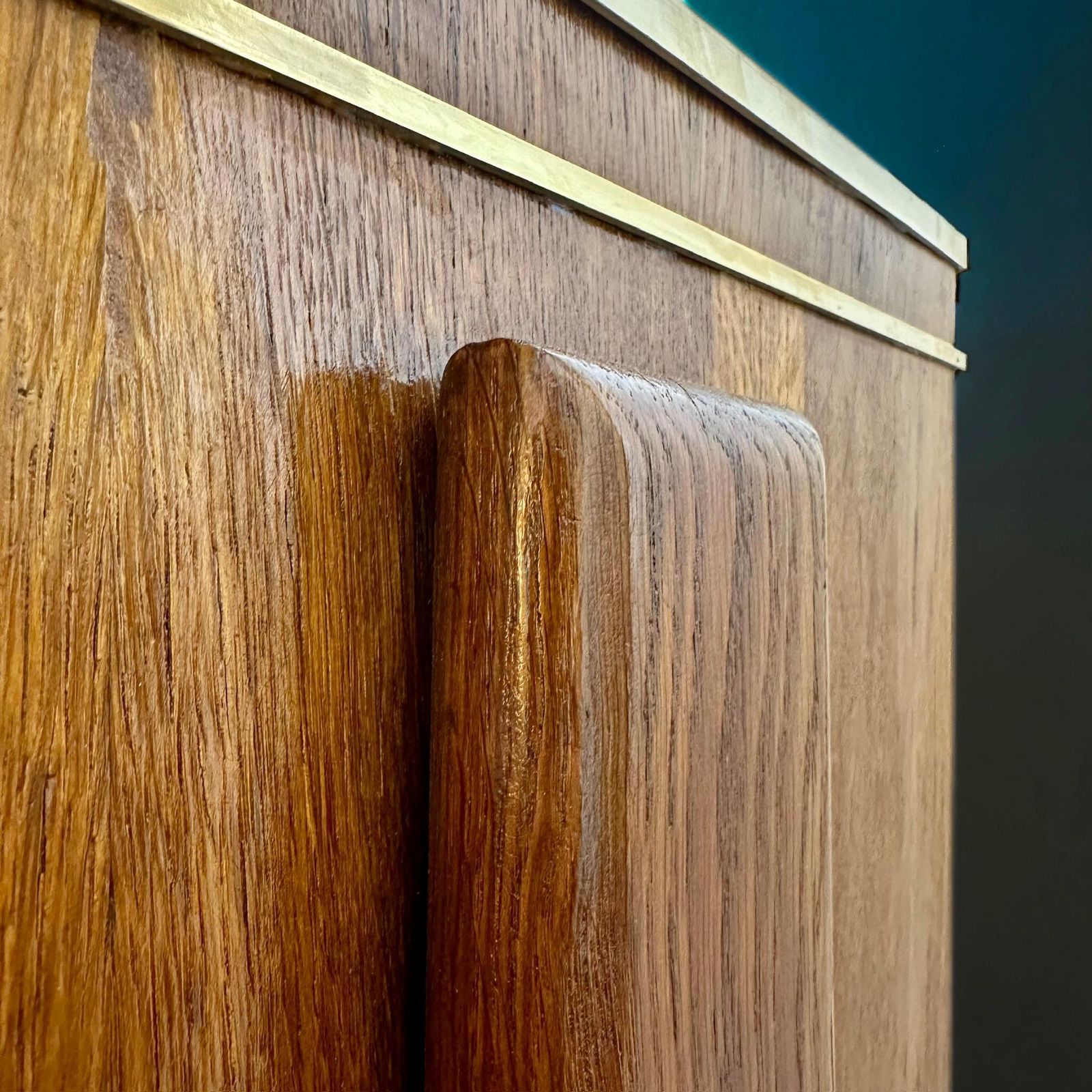 photo for sale Mid Century Modern Oak Wood, Brass, Mirror & Murano Art Glass Dry Bar Cabinet
