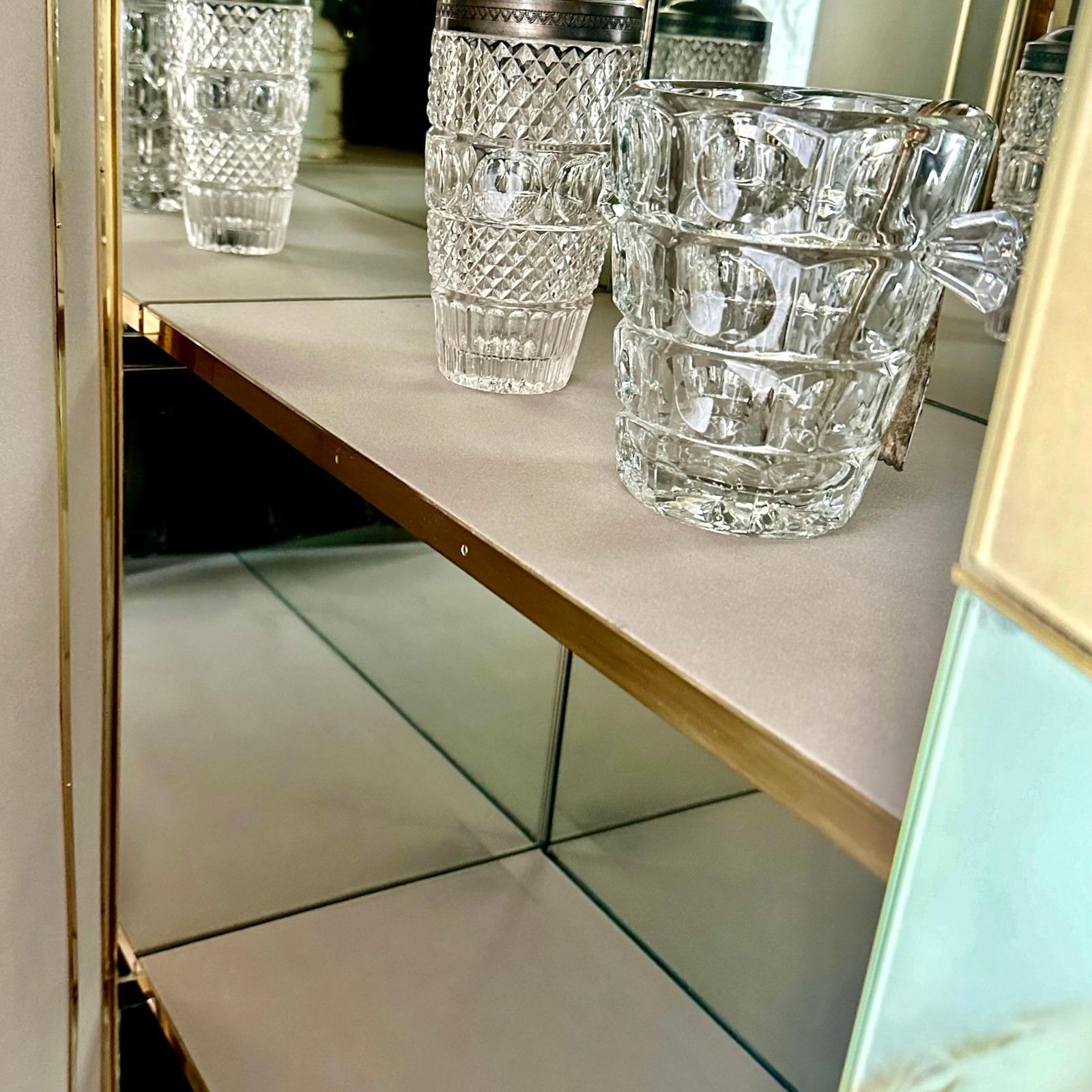 Furniture Mid Century Modern Oak Wood, Brass, Mirror & Murano Art Glass Dry Bar Cabinet photo