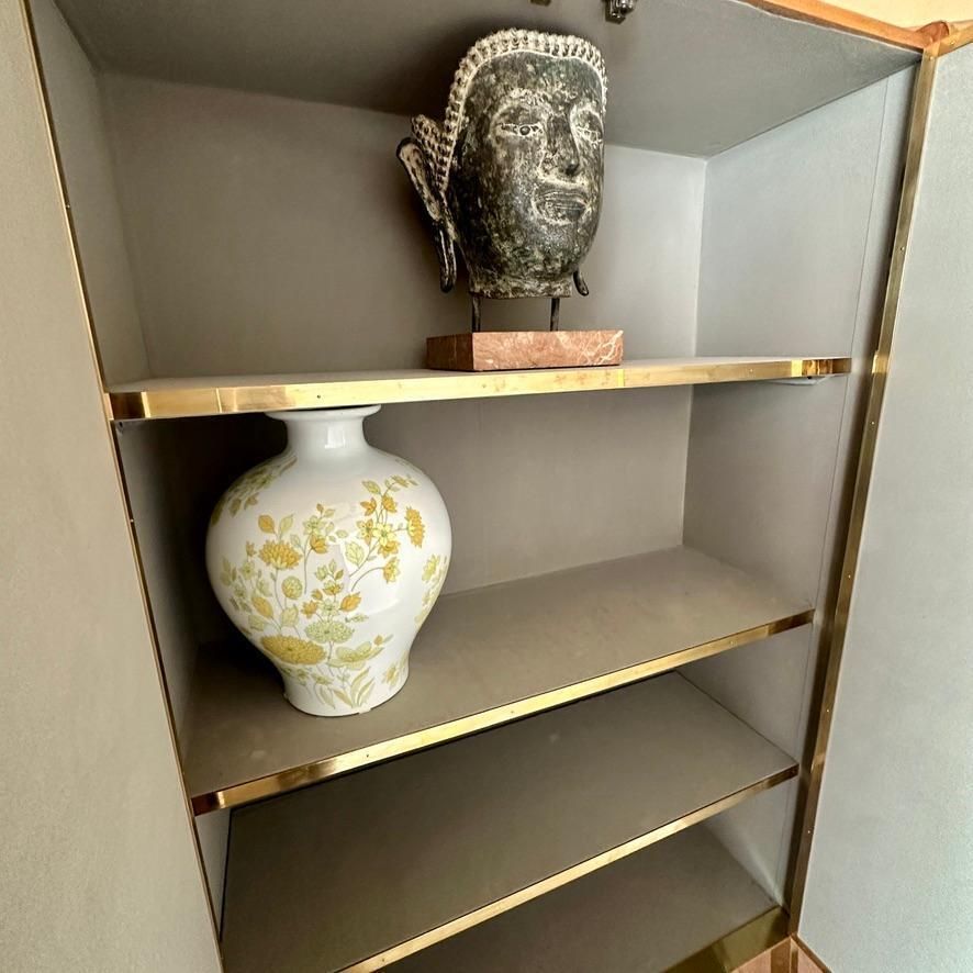 photo furniture Late 20th Century Pair Of Italian Wood, Brass, Mirror & Opaline Glass Cabinets