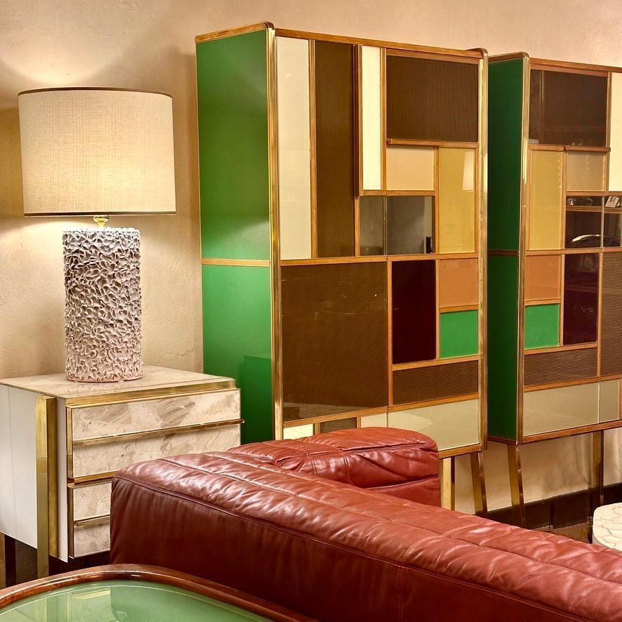 19000.0 Late 20th Century Pair Of Italian Wood, Brass, Mirror & Opaline Glass Cabinets photo