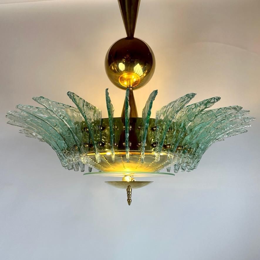 Late 20th Century Round Brass Chandelier W/ Light Green Textured Murano Glasses photo for sale