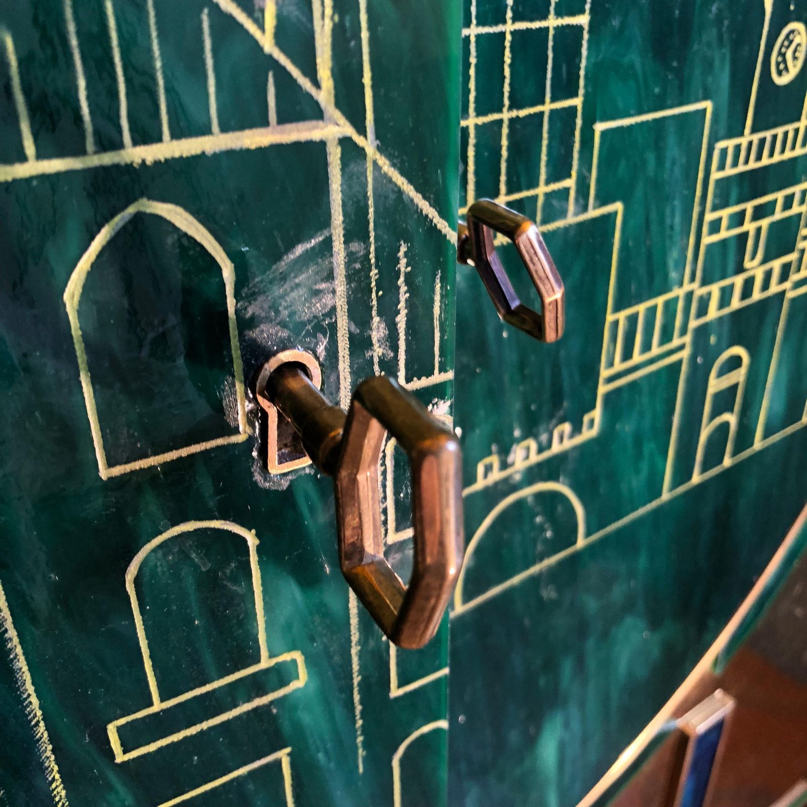 photo for sale Mid Century Modern Brass, Wood & Engraved Emerald Green Murano Glass Dry Bar