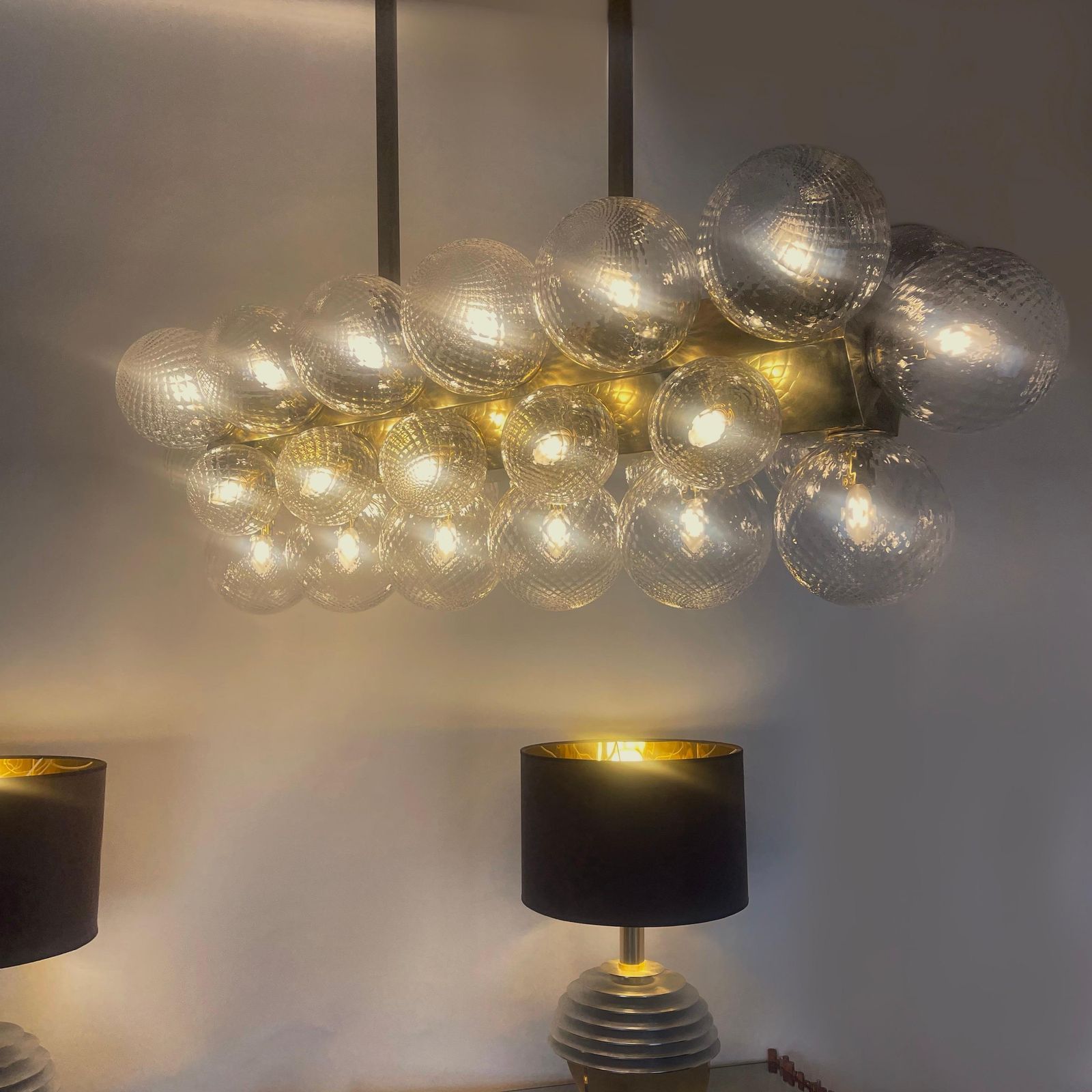 Late20th Century Italian Brass W/ Transparent Murano Art Glass Boules Chandelier photo Lighting