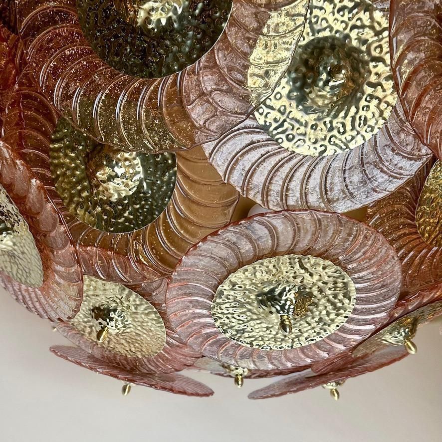 Late 20th Century Pink Murano Art Glass Disks W/ Hand Hammered Brass Chandelier photo 12760.0