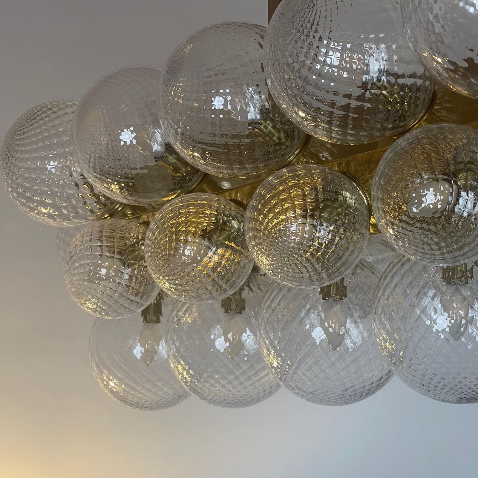 Lighting Late20th Century Italian Brass W/ Transparent Murano Art Glass Boules Chandelier photo