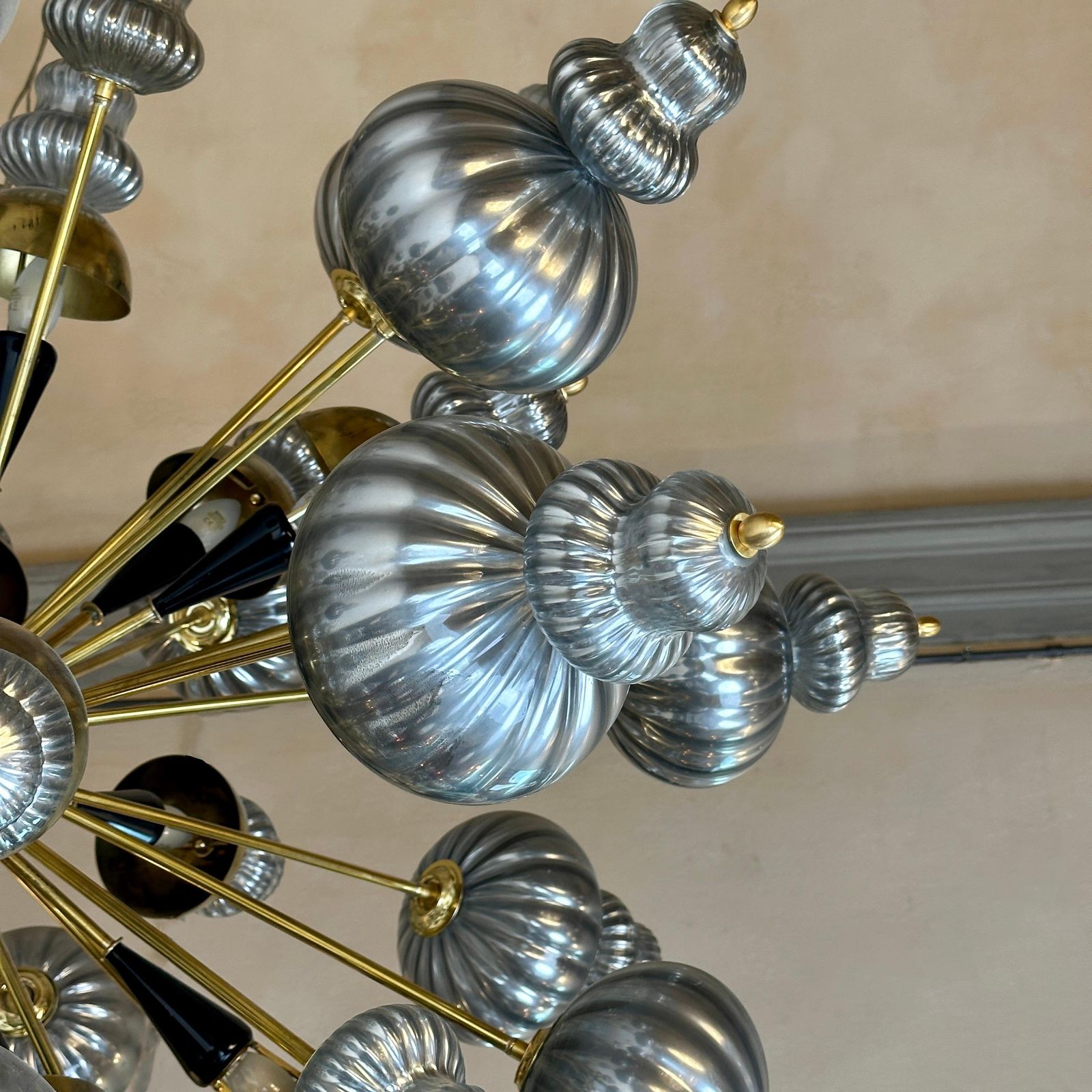 photo for sale Late 20th Century Silver Blown Murano Glass Elements & Brass Sputnik Chandelier