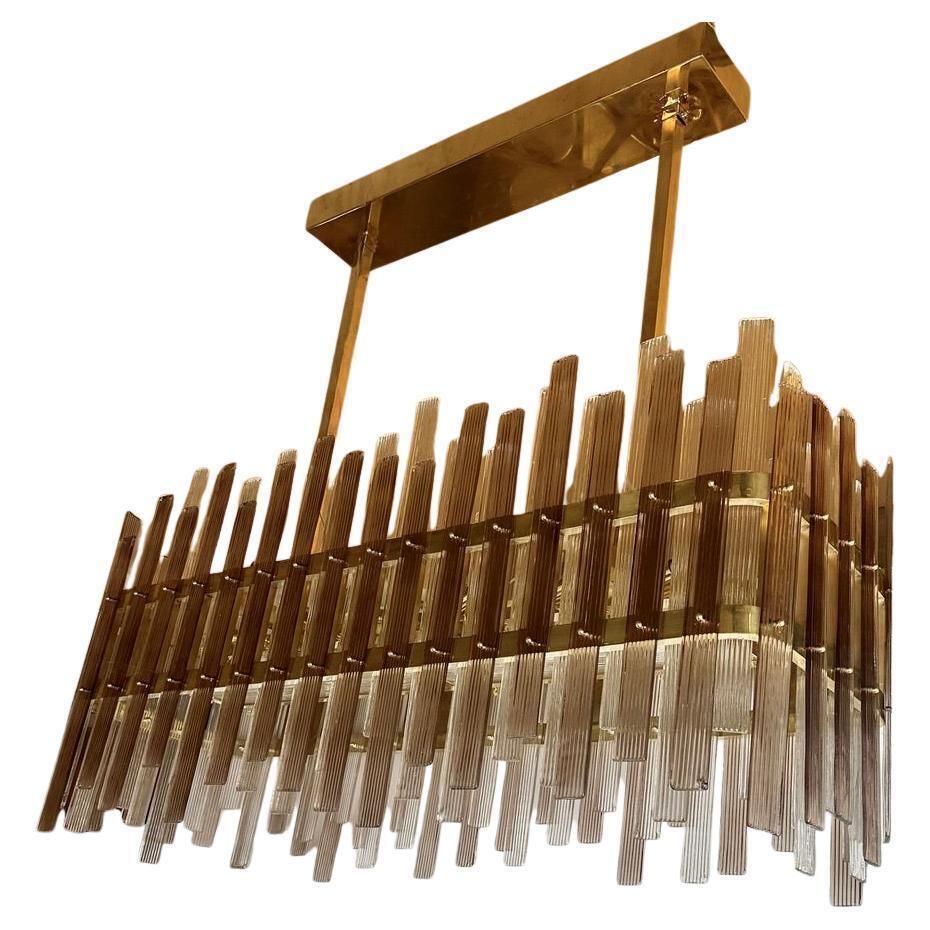 Late 20th Century Brass W/ Brown & Transparent Murano Art Glass Chandelier