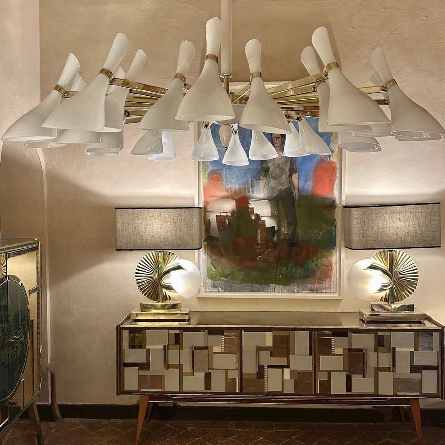 Lighting Late 20th Century White Murano Blown Glass & Brass Large Round Chandelier photo