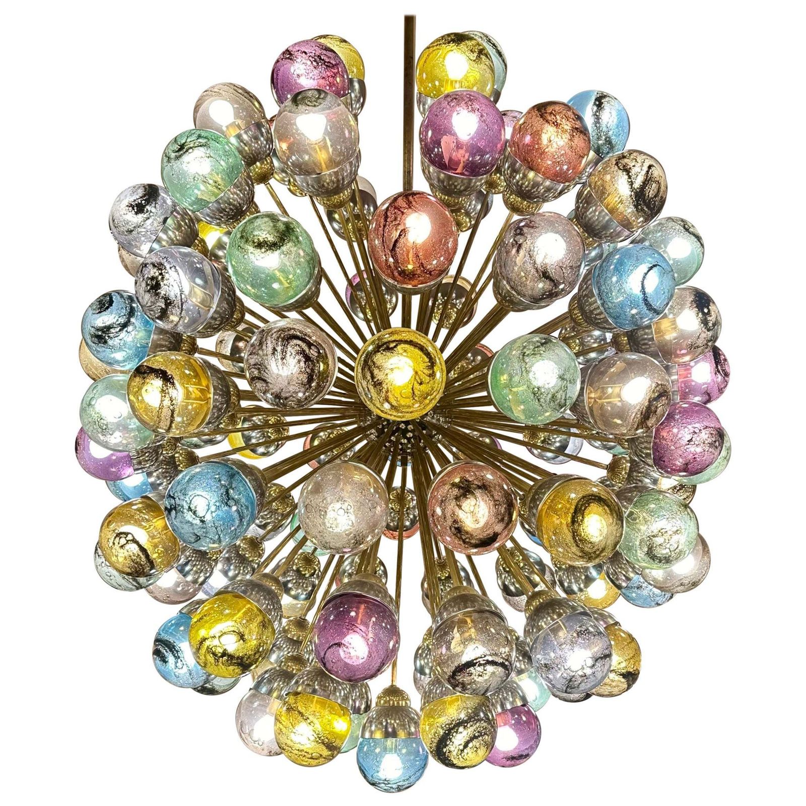 Late 20th Century Nickel & Brass Sputnik Chandelier W/ Murano Art Glass Boules