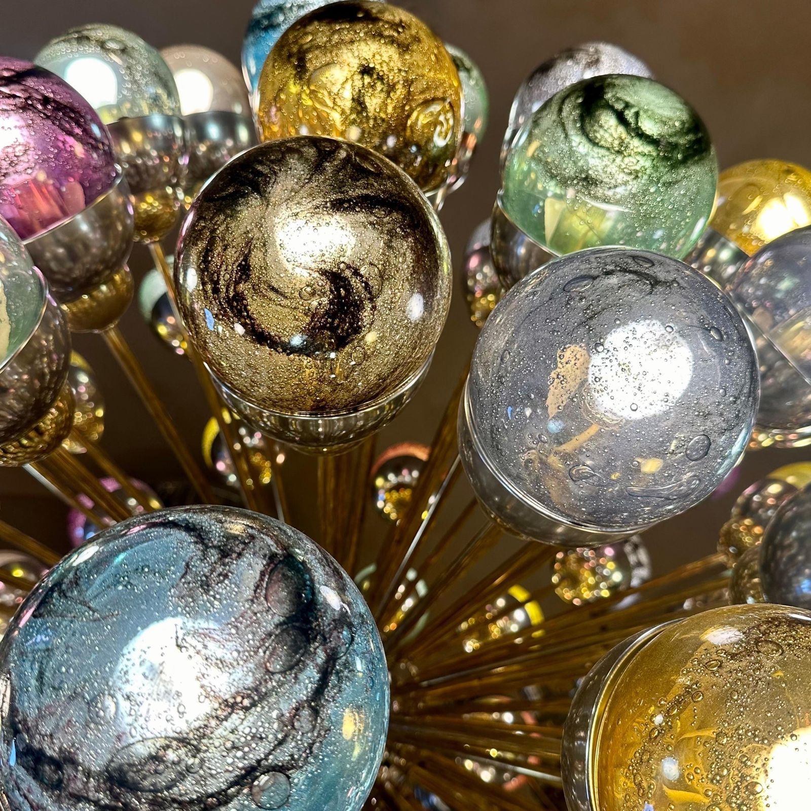 Late 20th Century Nickel & Brass Sputnik Chandelier W/ Murano Art Glass Boules photo buy