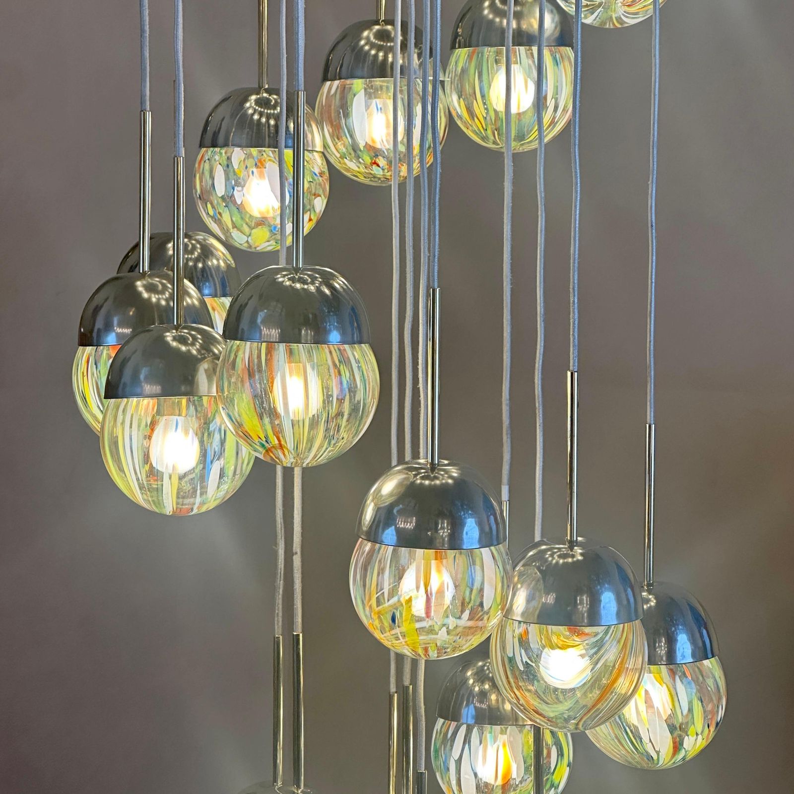 Late 20th Century Chrome, Brushed Steel, Brass & Murano Glass Cascade Chandelier photo buy