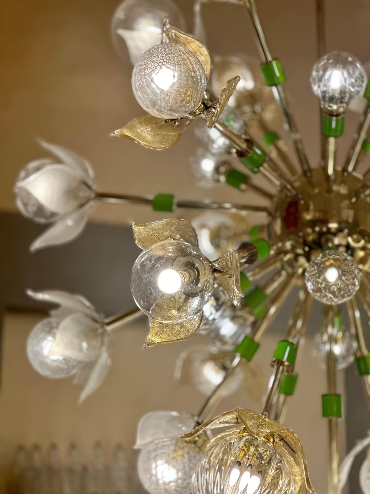 "Flower Power" Brass Sputnik Chandelier W/ Murano Art Glass Boules And Petals photo 21266.0