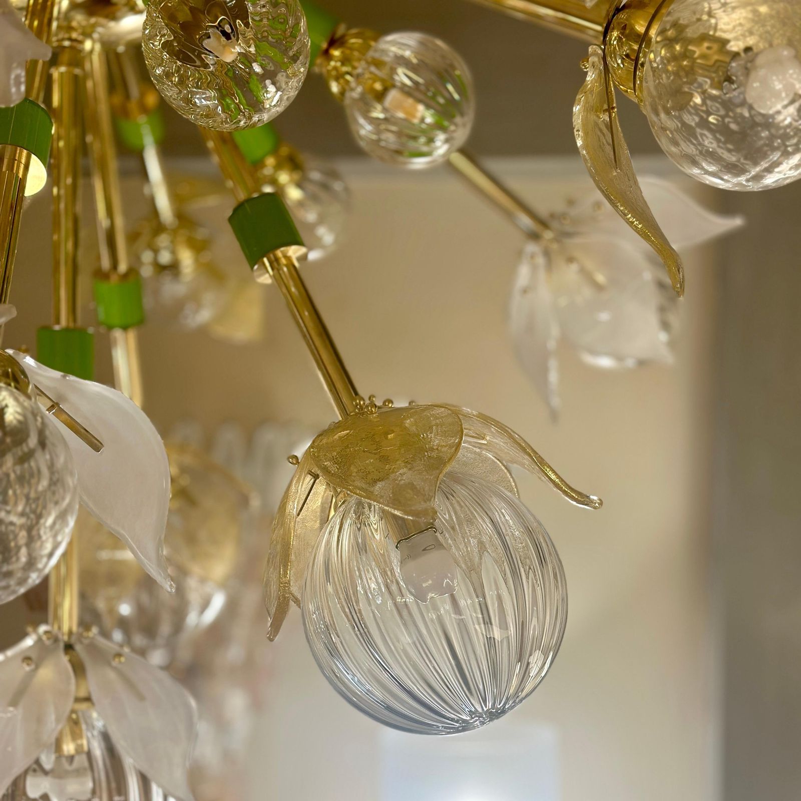 "Flower Power" Brass Sputnik Chandelier W/ Murano Art Glass Boules And Petals photo vinterior