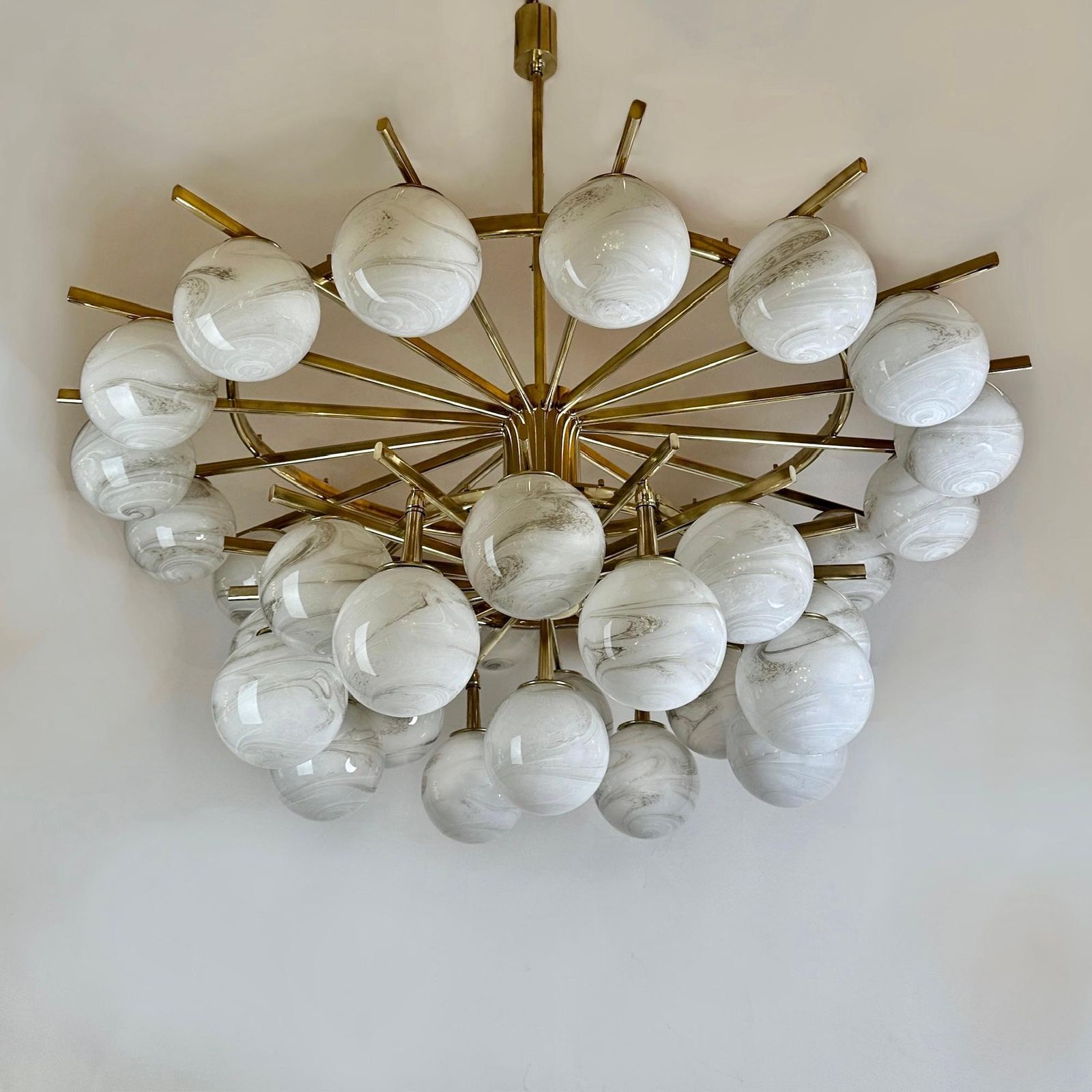 Late 20th Century Brass Double Tier Chandelier With Marbled Murano Glass Boules photo furniture