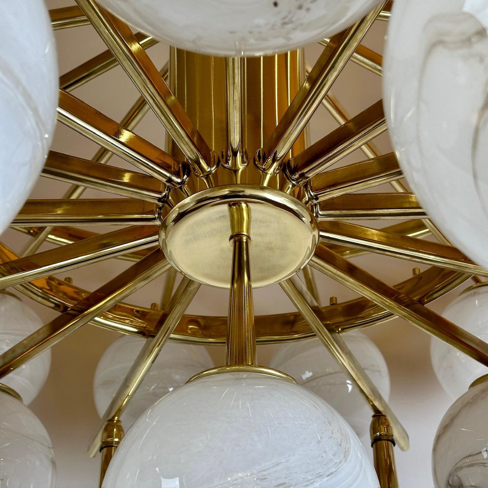 Lighting Late 20th Century Brass Double Tier Chandelier With Marbled Murano Glass Boules photo