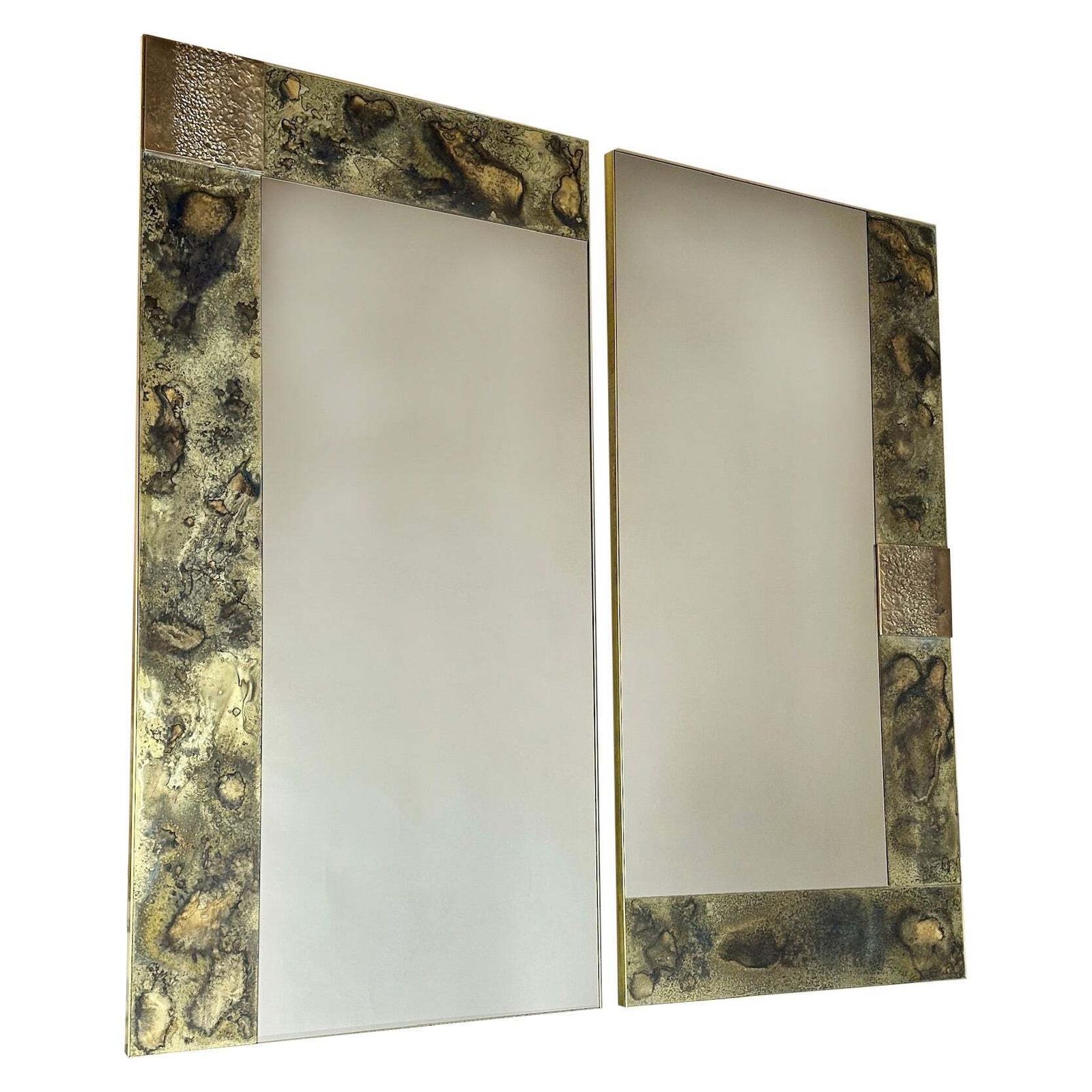Late20th Century Italian Bronze Mirror & Etched Brass W/ Bronze Abstract Plaques