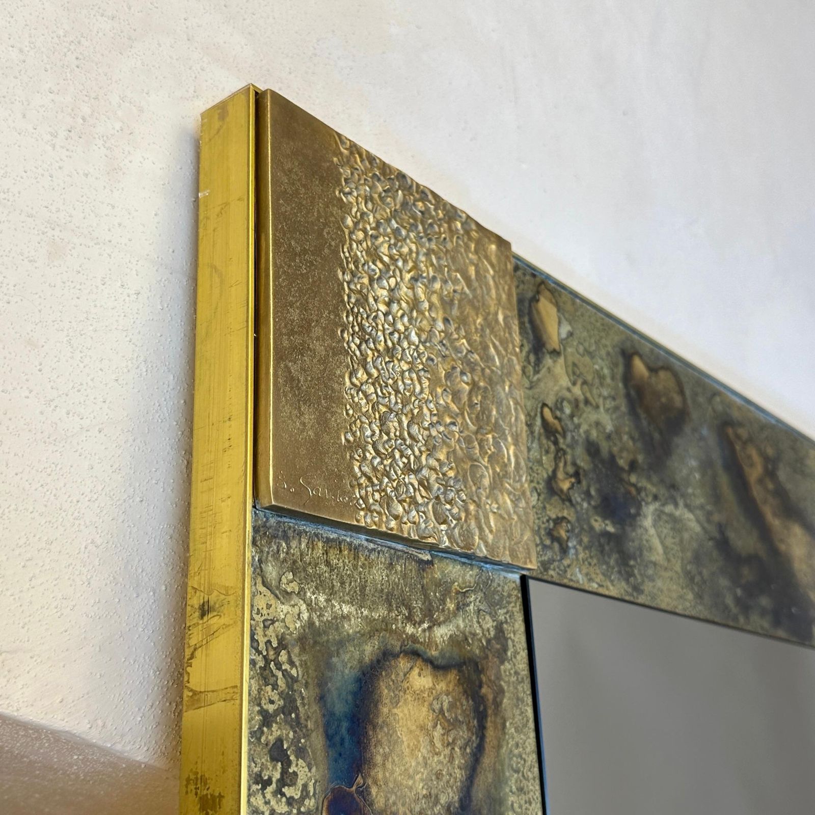 Late20th Century Italian Bronze Mirror & Etched Brass W/ Bronze Abstract Plaques photo 4764.0