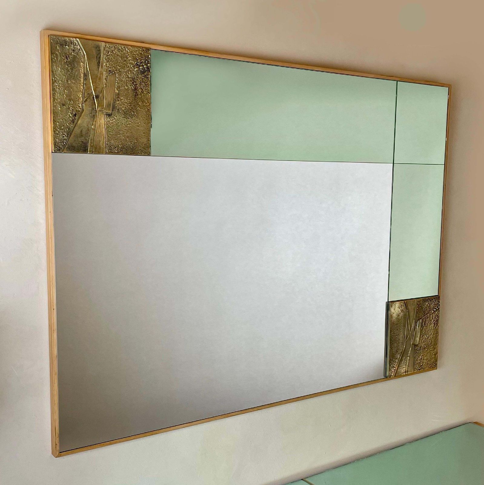 Late 20th Century, Italian Green & Bronze Mirror W/ Sculptural Bronze Plaques photo vinterior