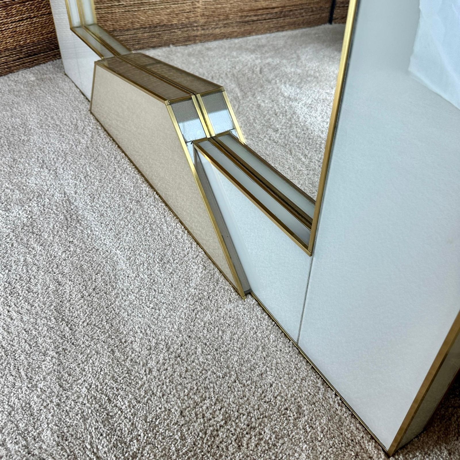 Late 20th Century Italian Light Grey & Gold Opaline Glass W/ Brass Wall Mirror photo buy