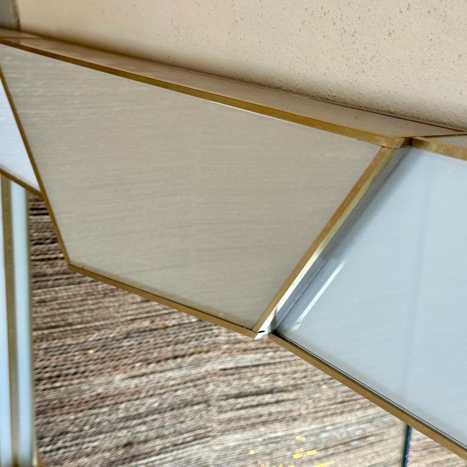 Late 20th Century Italian Light Grey & Gold Opaline Glass W/ Brass Wall Mirror photo vintage