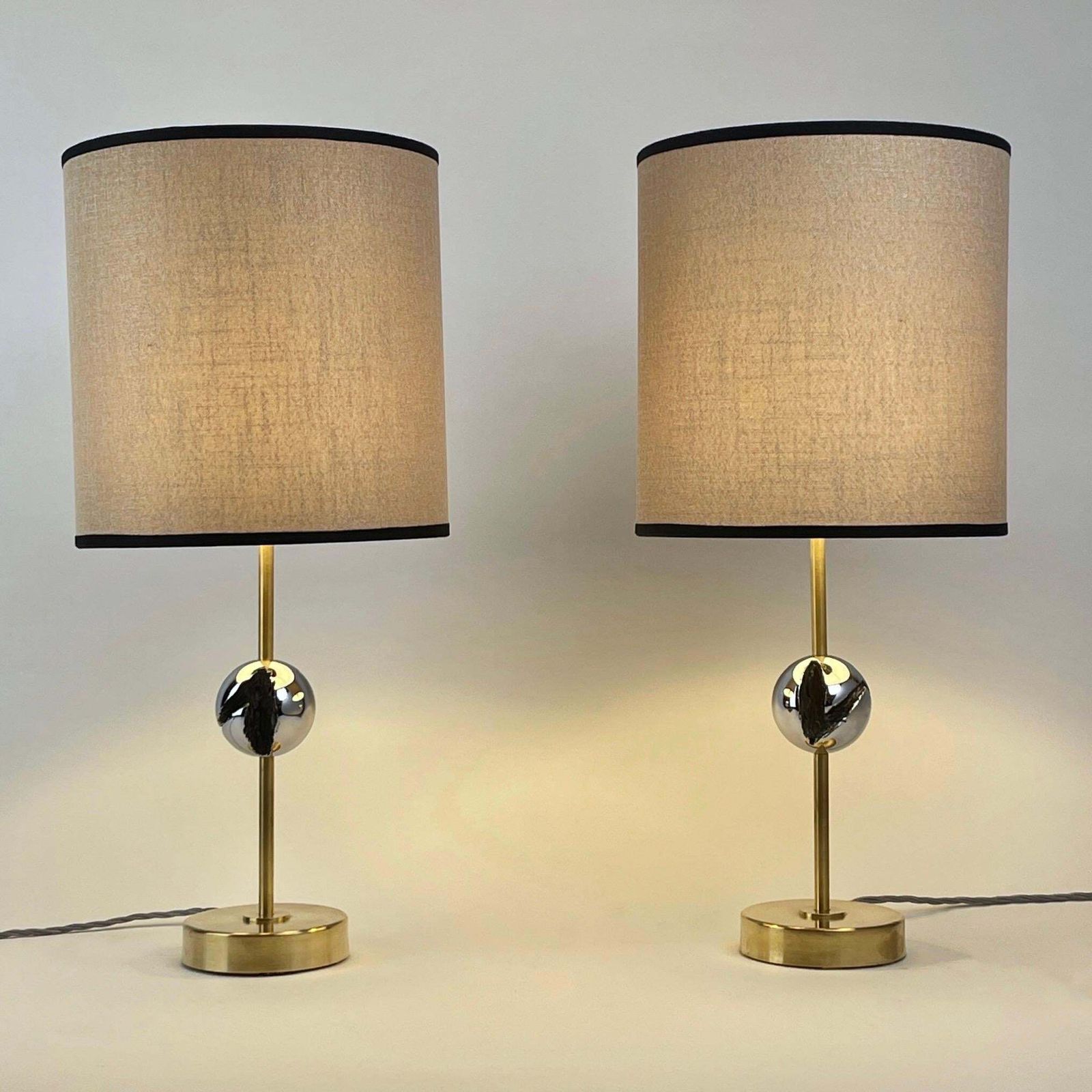 Late20th Century Pair Of Italian Sculptural Nickel & Brass Table Lamps W/ Shades photo furniture