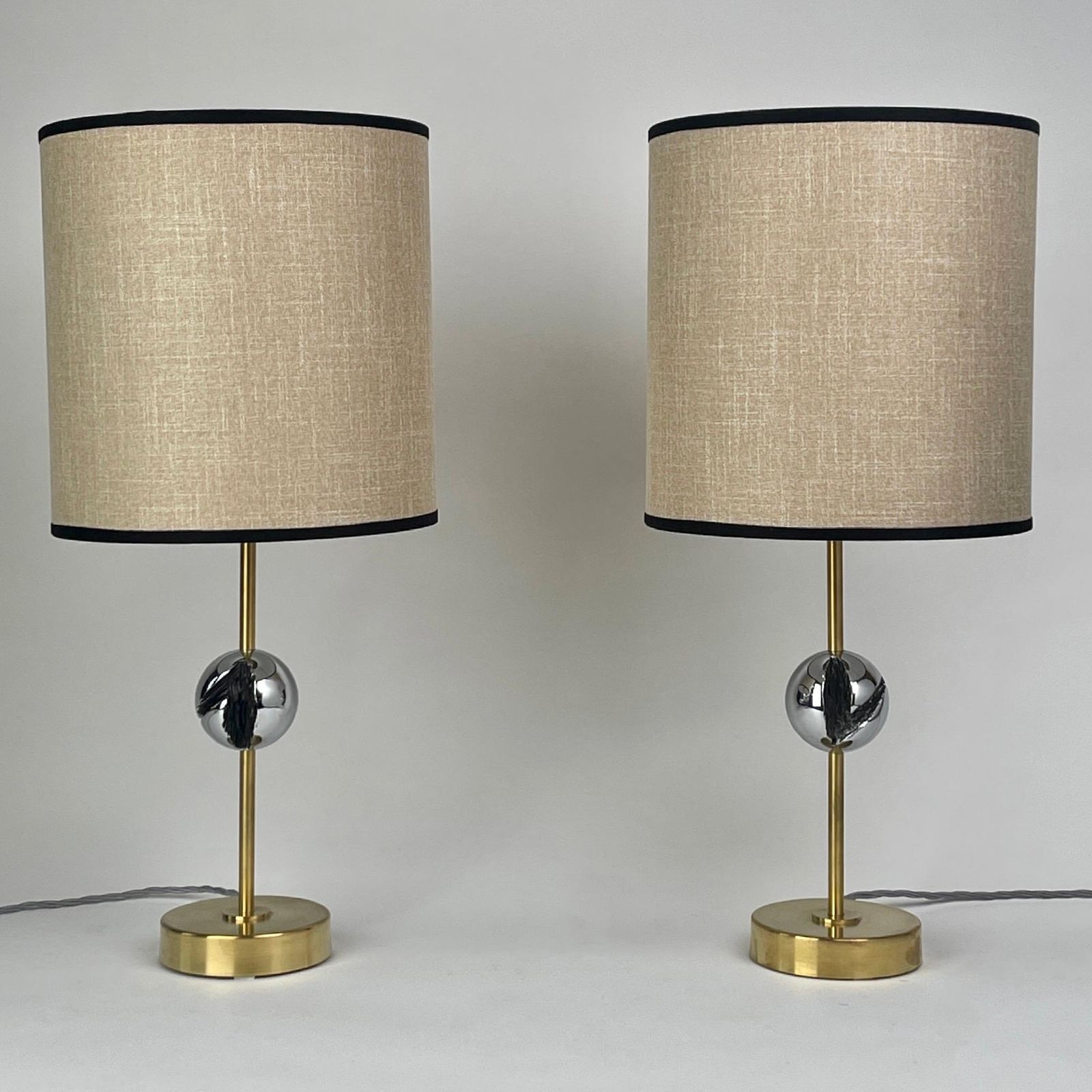 Late20th Century Pair Of Italian Sculptural Nickel & Brass Table Lamps W/ Shades photo for sale