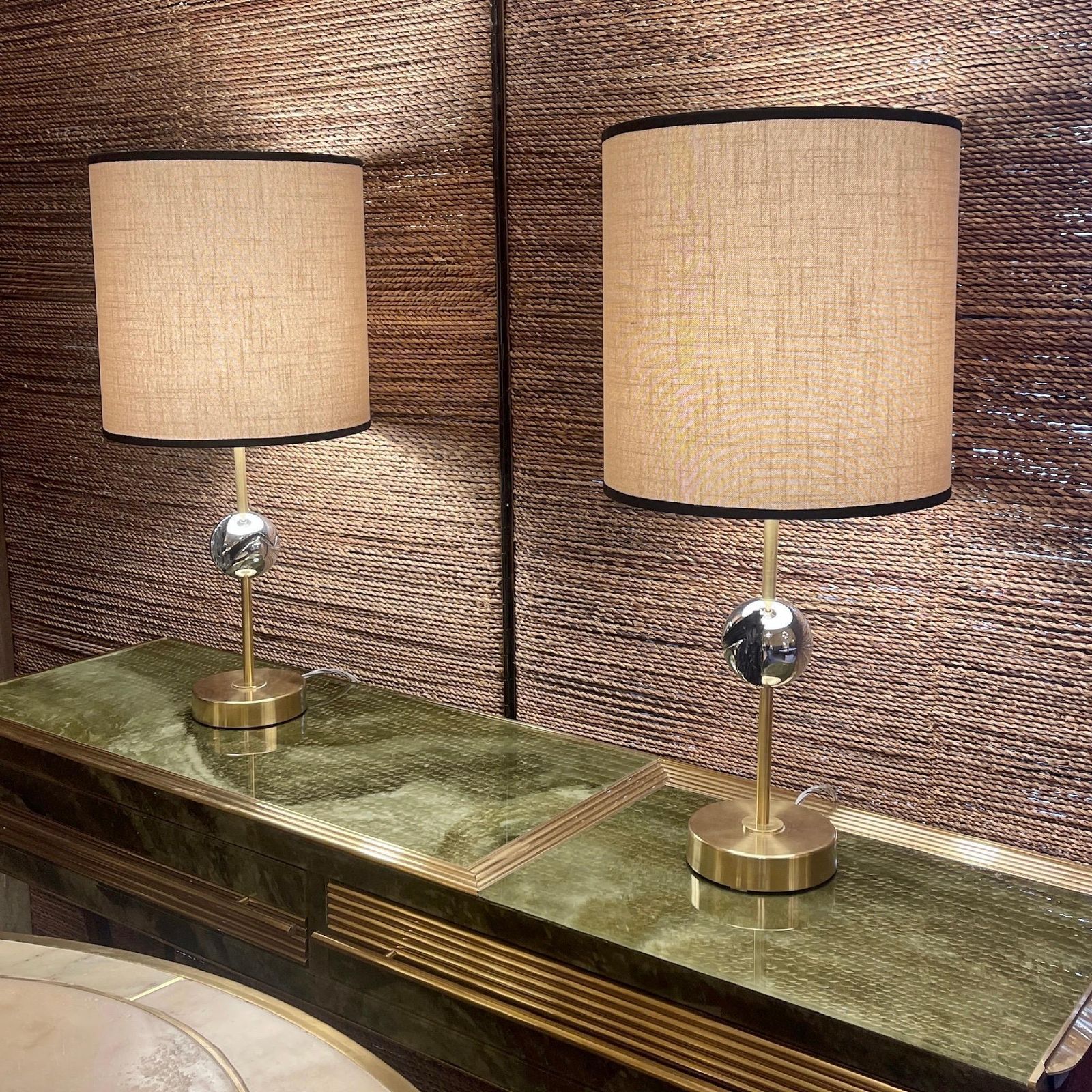 photo vinterior Late20th Century Pair Of Italian Sculptural Nickel & Brass Table Lamps W/ Shades