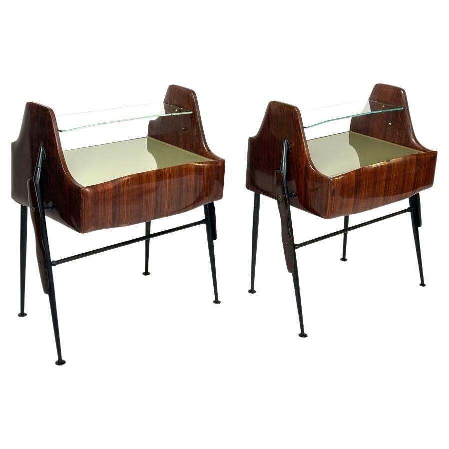 1950's Pair Of Italian Wood, Opaline Glass, Iron & Brass Night Stands W/ Drawers